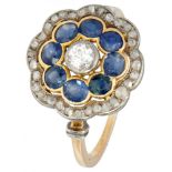 14K. Yellow gold Art Deco target ring set with approx. 0.20 ct. diamond and sapphire.