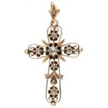 14K. Rose gold openwork cross-shaped pendant set with rose cut diamonds.