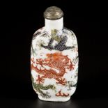 A porcelain famille verte snuff bottle decorated with 5 dragons, marked Qianglong, China, 19th centu