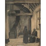 Attributed to Johannes Bosboom (Den Haag 1817 - 1891), Monniken in een kloosterhal.