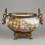 An earthenware jardiniere with bronze frame decorated with a pastoral scene, marked V.B. France, 19t
