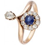 14K. Rose gold antique ring set with approx. 0.39 ct natural sapphire and approx. 0.47 ct. diamond.