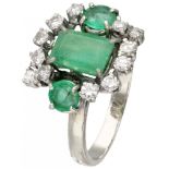 14K. White gold entourage ring set with approx. 1.73 ct. natural emerald and approx. 0.36 ct. diamon