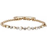 14K. Yellow gold Art Deco link bracelet set with approx. 0.85 ct. diamond and freshwater pearls.