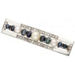 14K. White gold Art Deco brooch set with approx. 2.36 ct. natural sapphire, approx. 0.72 ct. diamond