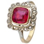 18K. Bicolor gold ring set with approx. 1.97 ct. synthetic ruby ​​and rose cut diamond.