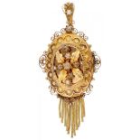 14K. Yellow gold antique regional costume pendant / brooch with seed pearls cantille work.