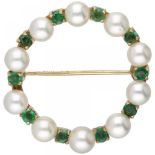 Circular vintage 14K. yellow gold brooch set with cultivated pearl and emerald.