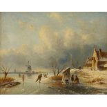 Albert Jurardus van Prooijen (Groningen 1834 - 1898 Amsterdam), Skaters on the ice in an extensive r