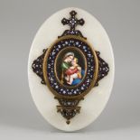 A holy water font with a 'Limoges'-enamel decoration after Raphael Sanzio's "Madonna Della Sedia Ton