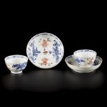 A set of (2) porcelain cups and saucers with famille rose decor, China, 18th century.