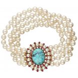 Four-row pearl bracelet with an 18K. yellow gold closure set with approx. 18.40 ct. turquoise, appro