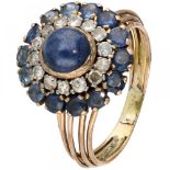 14K. Antique rose gold rosette ring set with approx. 0.42 ct. diamond and sapphire.