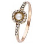 14K. Rose gold antique shoulder ring set with rose cut diamonds and fresh water pearl.