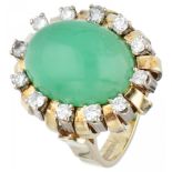 14K. Yellow gold entourage ring set with approx. 0.48 ct. diamond and approx. 10.14 ct. chrysoprase.