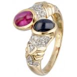 14K. Yellow gold vintage ring set with approx. 0.30 ct. diamond, ruby and sapphire.