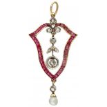 14K. Yellow gold Art Deco pendant set with rose cut diamond, freshwater pearl and glass garnet.