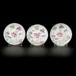 A set of (3) porcelain famille rose plates with floral decoration, China, Yongzhen.