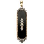 14K. Yellow gold pendant set with rose cut diamonds and onyx.