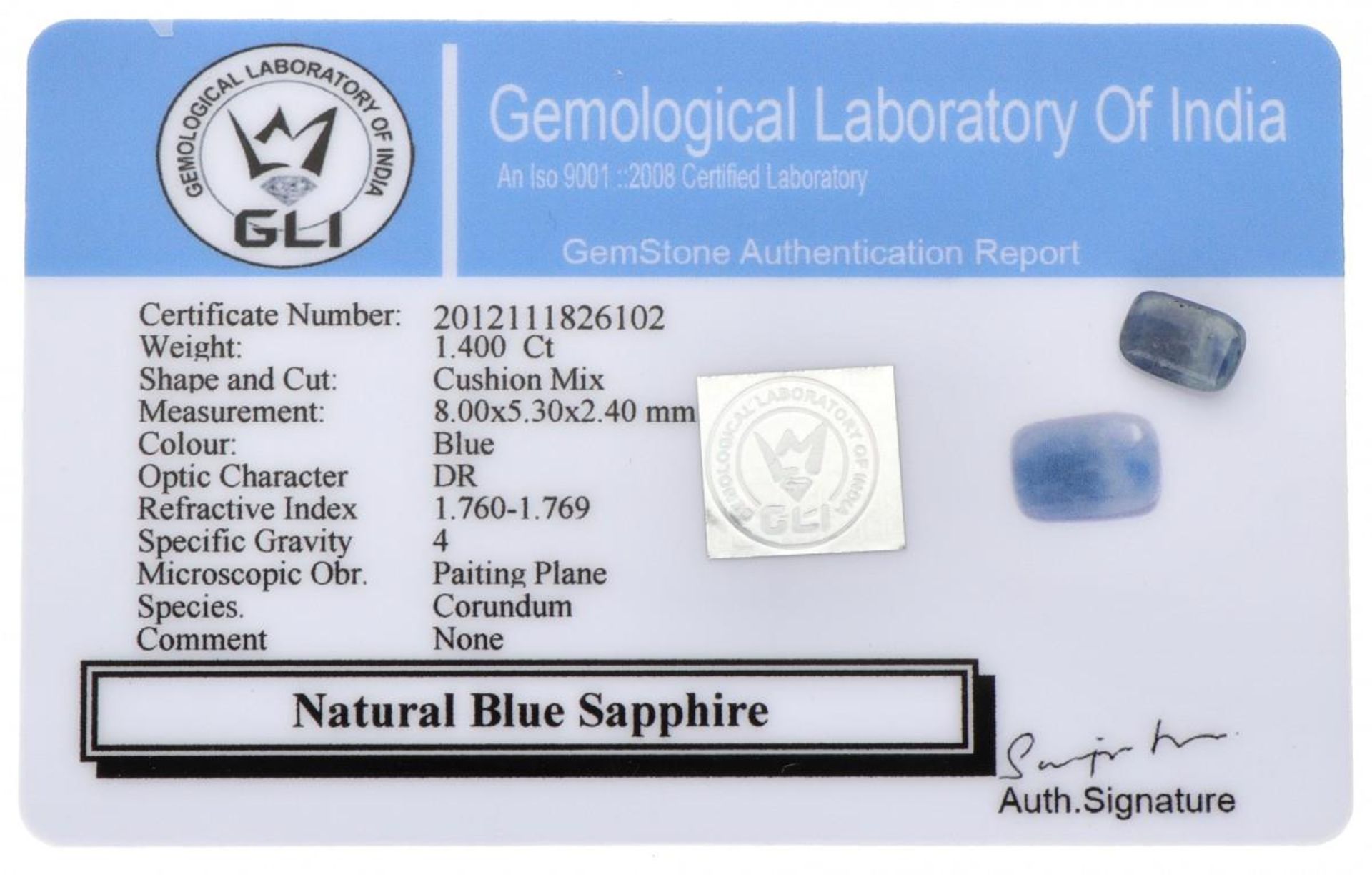 GLI Certified Natural Blue Sapphire Gemstone 1.400 ct. - Bild 3 aus 3