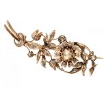 18K. Rose gold antique flower-shaped brooch set with rose cut diamonds.