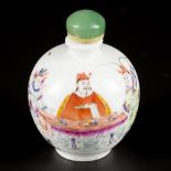 A porcelain famille rose snuff bottle, decorated with courtesies, China, circa 1900.