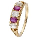 14K. Yellow gold alliance ring set with approx. 0.50 ct. diamond and approx. 0.38 ct. natural ruby.