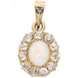 14K. Yellow gold antique rosette pendant set with approx. 0.22 ct. diamond and opal.