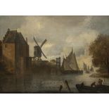 Dutch , School 17th. C. . Fishermen in a moat near a fortified city gate.
