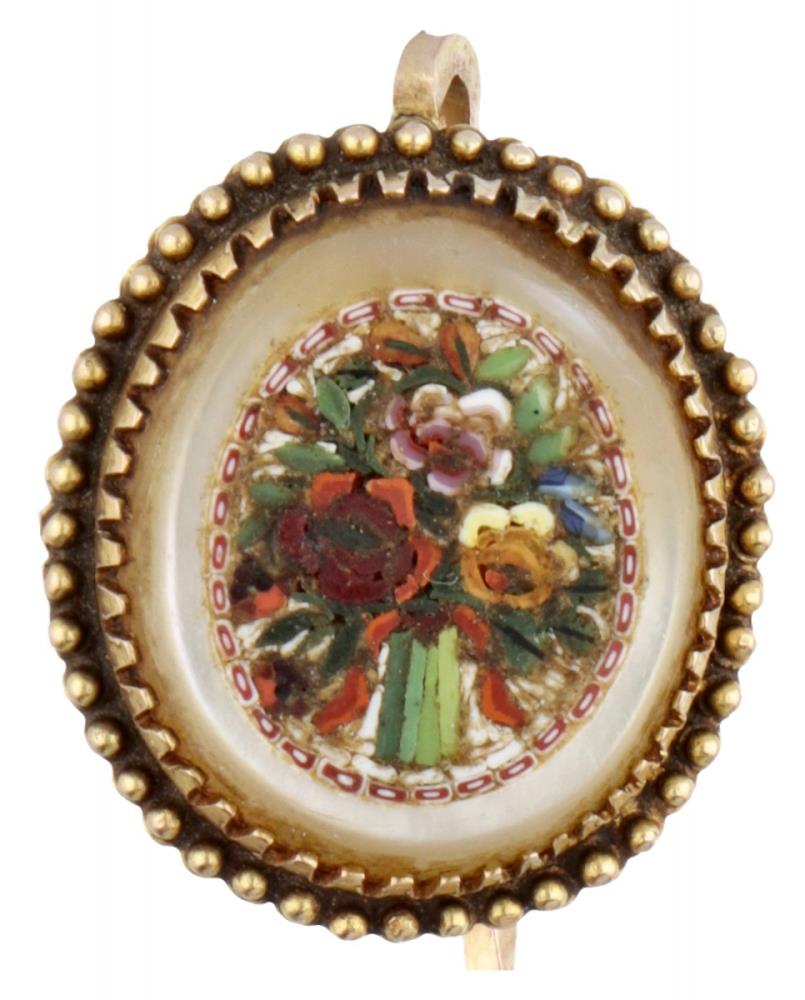 14K. Yellow gold antique lapel pin with floral micro mosaic inlaid in mother-of-pearl. - Image 3 of 3