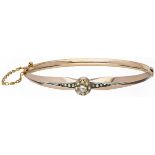 14K. Rose gold antique bangle bracelet set with diamond and seed pearl.