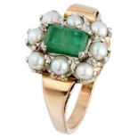 14K. Yellow gold Foo Hang Jewelry entourage ring set with approx. 0.73 ct. natural emerald and pearl