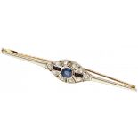 14K. Bicolor gold Art Deco brooch set with approx. 0.87 ct. natural sapphire, diamond and garnet.