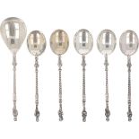 (6) piece set of apostle teaspoons with sugar scoop silver.