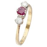 14K. Yellow gold vintage ring set with approx. 0.20 ct. diamond and synthetic ruby.