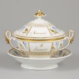 A porcelain lidded terinne with saucer, France, 19th century.