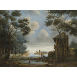 Attributed to J.F. Spohler. Figures on the waterfront by a watermill.