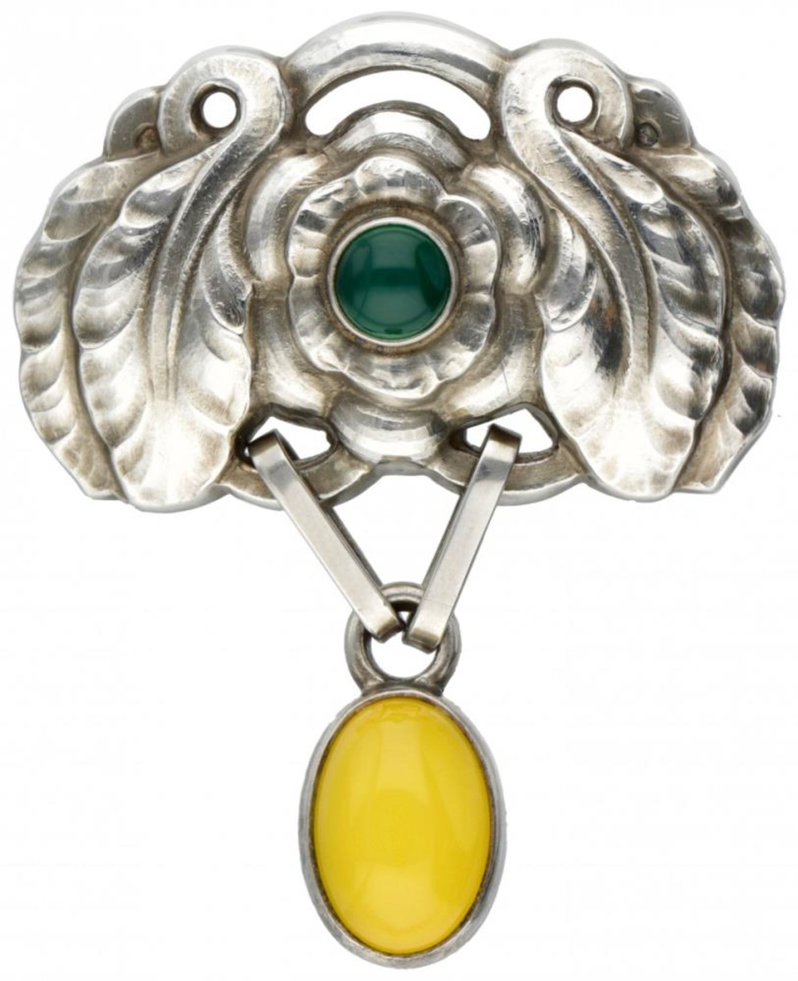 Sterling silver Georg Jensen brooch of the year 2008, set with yellow and green agate.