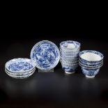 A lot of various blue and white porcelain with crab and perch decoration. China, 19th century.