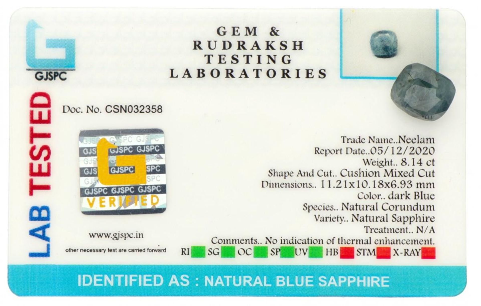 GJSPC Certified Natural Blue Sapphire Gemstone 8.14 ct. - Bild 3 aus 3
