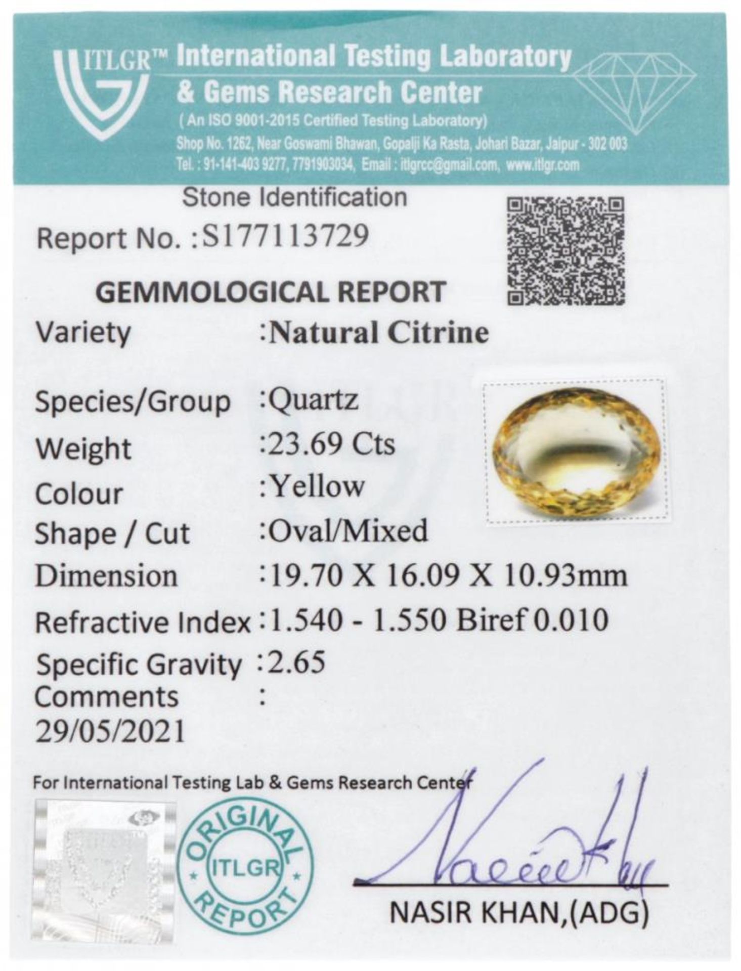 ITLGR Certified Natural Citrine Gemstone 23.69 ct. - Bild 3 aus 3