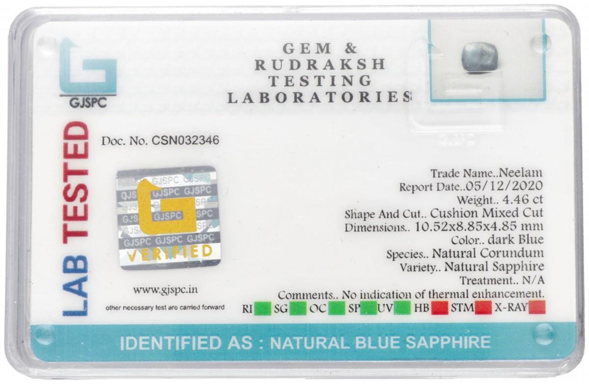 GJSPC Certified Natural Sapphire Gemstone 4.46 ct. - Bild 4 aus 4