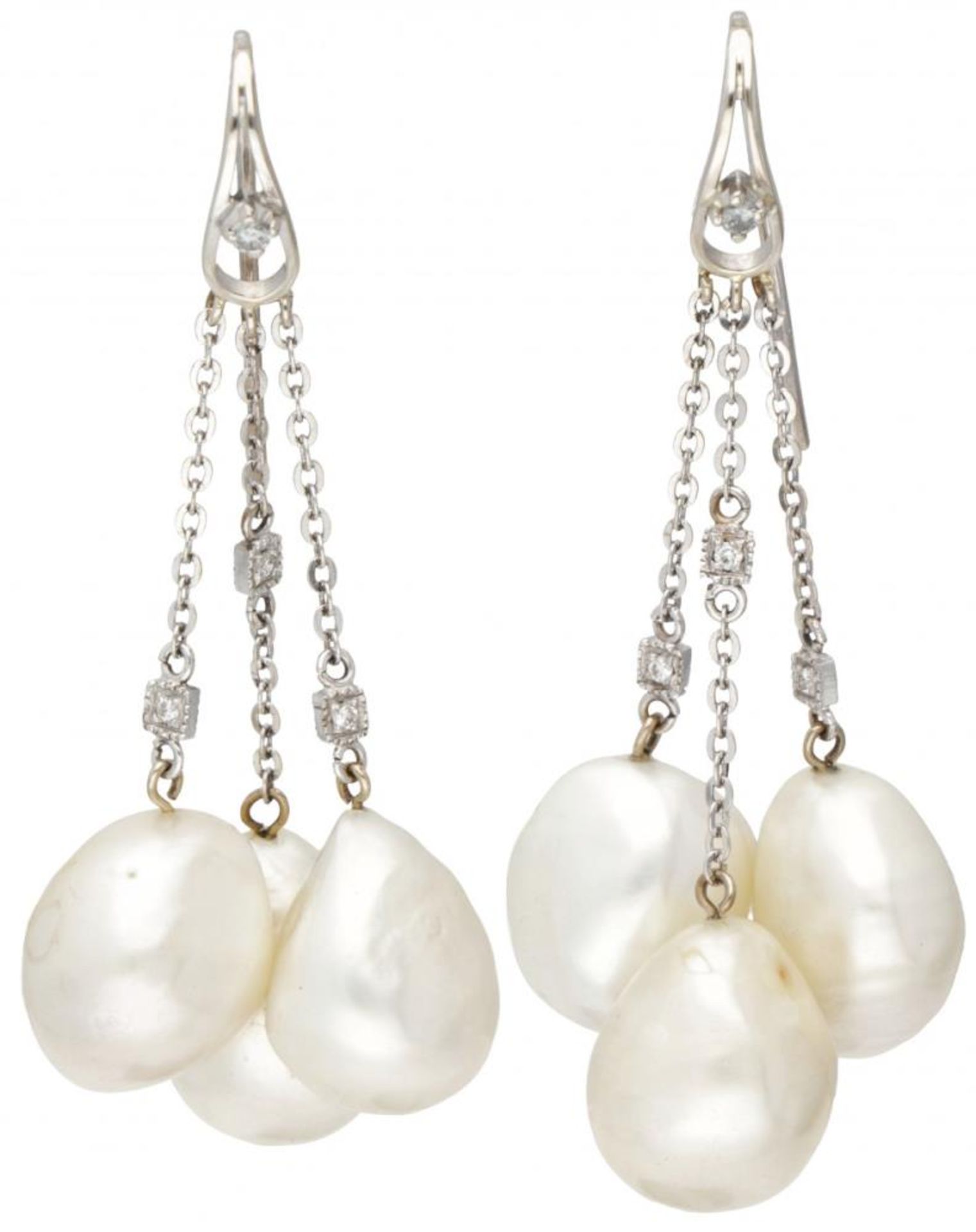 18K. White gold earrings each with three strands, approx. 0.10 ct. diamond and freshwater pearls.