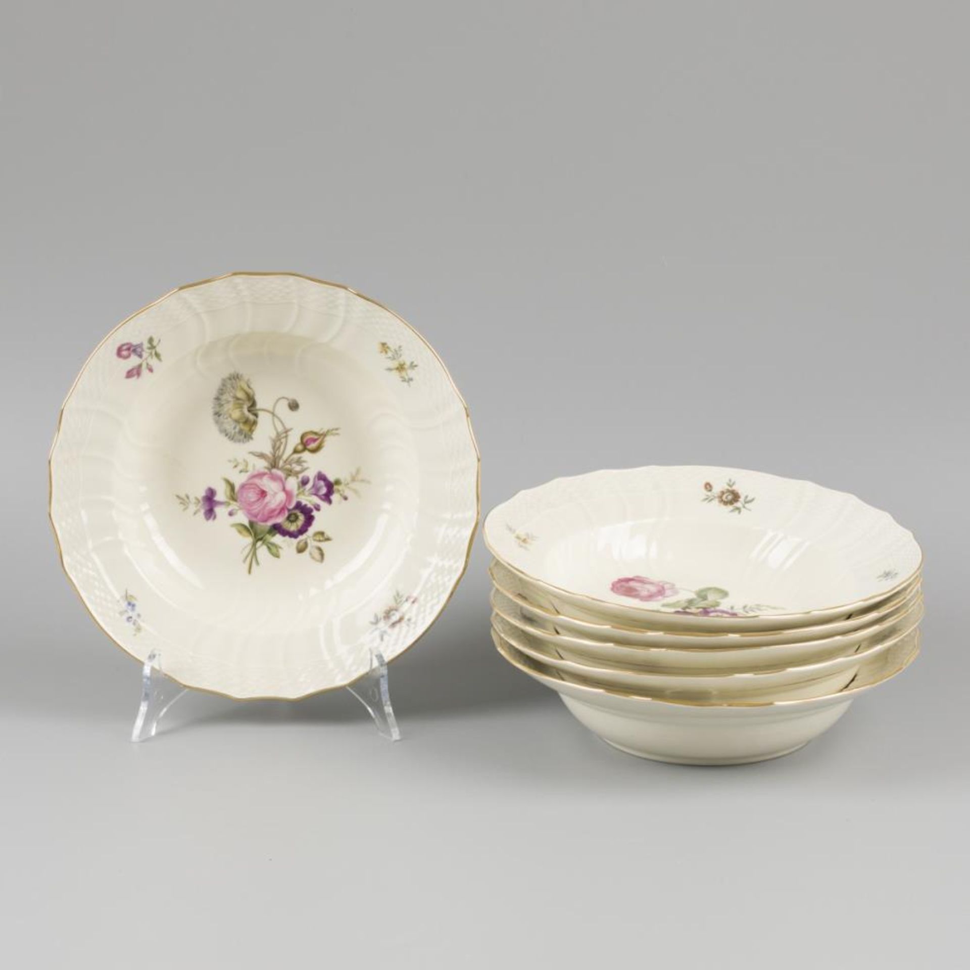 A set of (6) porcelain soup plates decorated with flowers, marked Royal Copenhagen. Denmark, 20th ce