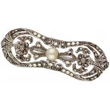 800 Silver openwork Art Deco brooch set with cultured pearl and marcasite.
