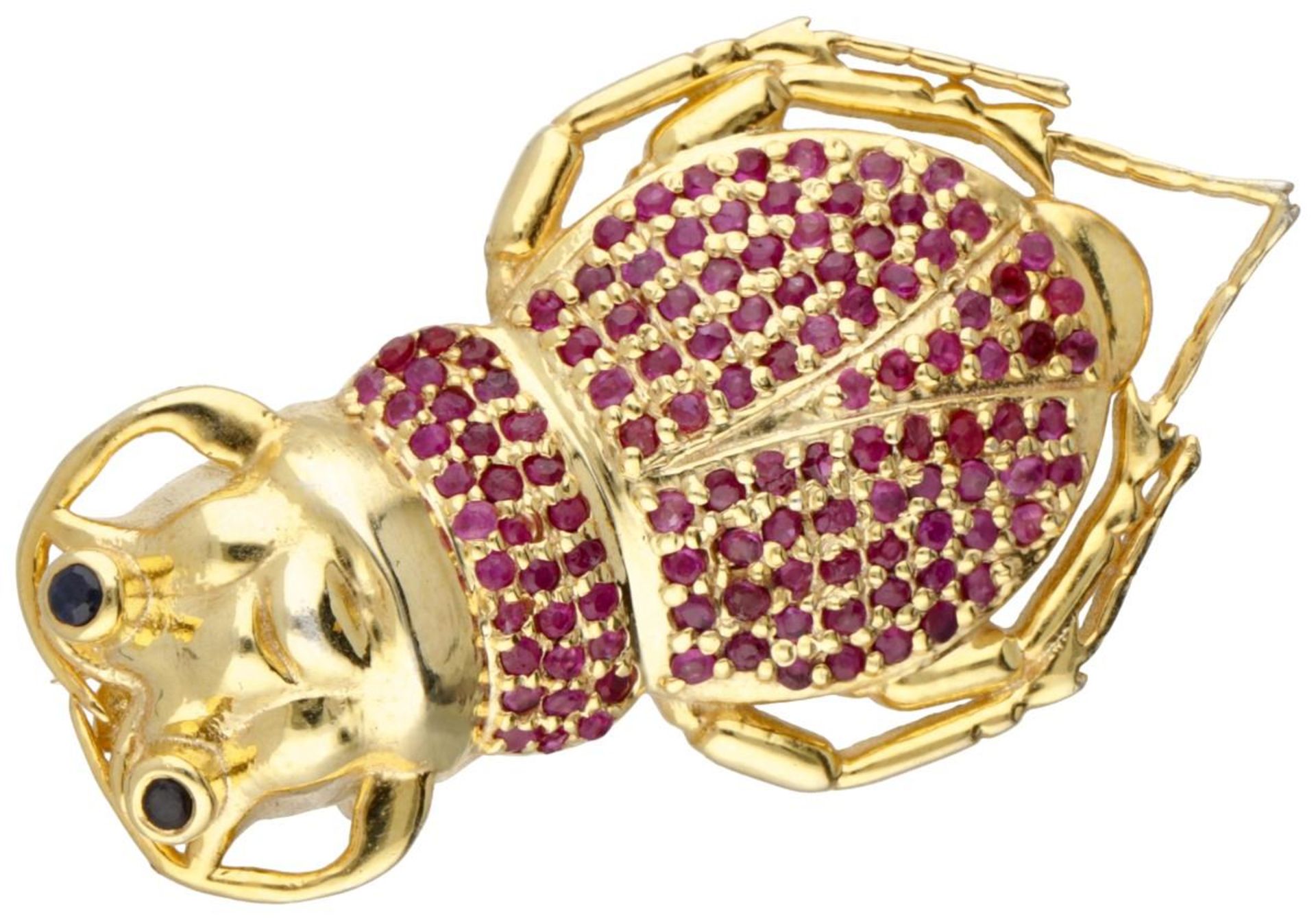 Gold plated sterling silver beetle brooch set with ruby ​​and sapphire.