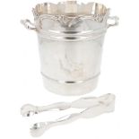 Wine cooler with ice cube tongs silver.