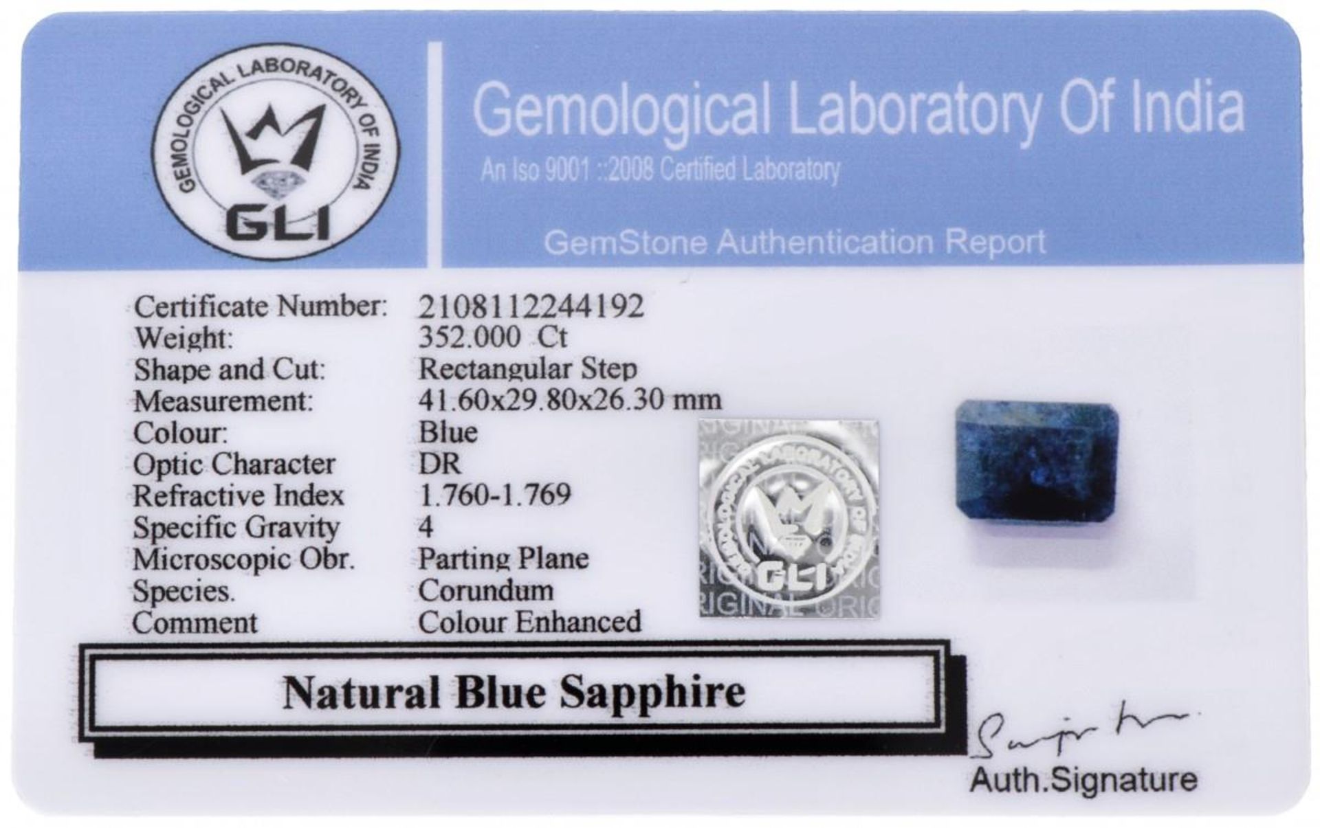 GLI Certified Natural Sapphire Gemstone 352.000 ct. - Image 3 of 3