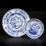 A plate with a basket decoration on a table in the centre and a cream plate. China Qianlong 18th cen