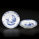 A lot of (3) porcelain dishes with long leis and playing fool. China, Kangxi 1662-1722.